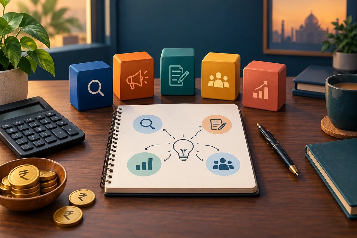 Illustration of a calculator, rupee tokens and budget blocks for planning a small business marketing budget