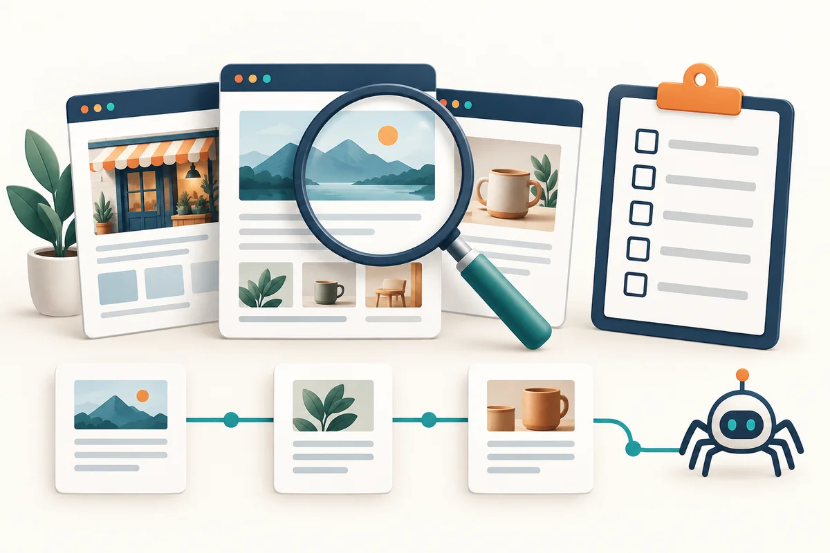 Illustration of website pages under a magnifying glass beside an indexing checklist